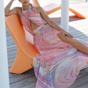 Rococo Sand NWT Dress Eira Long Dress Peach Lilac Chiffon Halter Open Back